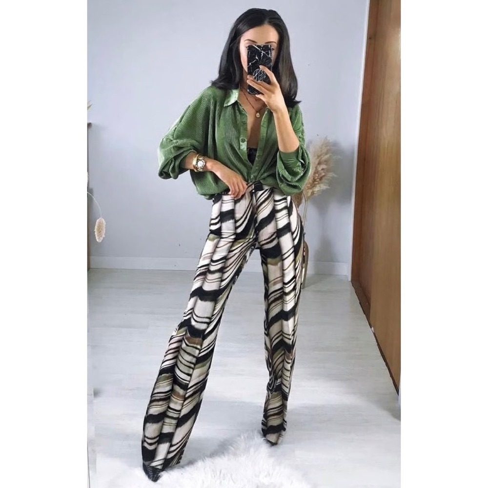 ZARA Printed Flare Pants Brown Green Stripes Blogger Favorite Chic Party X-Small - Picture 8 of 16